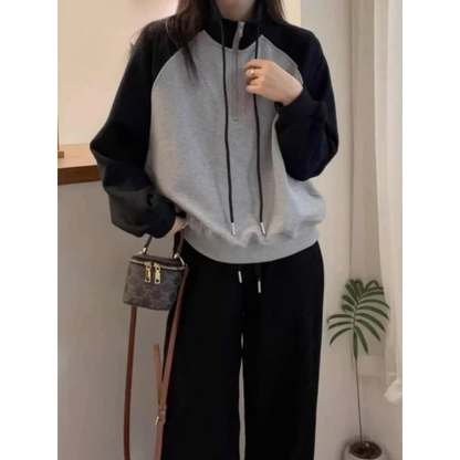 Womens Half Zip Crop Sweatshirt Raglan Sleeve Stand Collar Grey Top