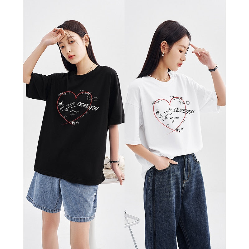 Women T-shirt Short Sleeve O Neck Loose Tees Flower Heart Print Pure Casual Tops - xinnzy