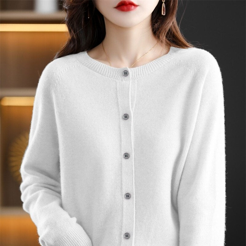 Autumn Cardigan Wool Natural Fiber Round Neck Raglan Sleeves Fashion Sweater Seamless One Line - xinnzy