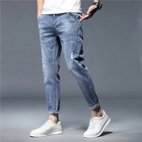 Men's Ankle Length Jeans Thin Streetwear Design Denim Pants Korea Casual Trousers