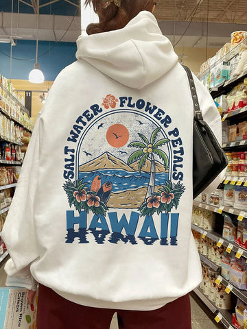 Hawaii Salt Water Flower Petals Printed Hoodie for Women Casual Comfortable