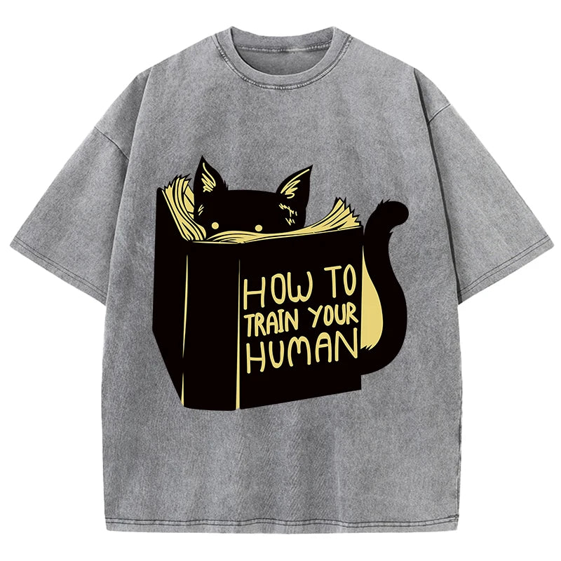 Smart Cat Reading Print T-Shirt Men Summer Vintage Water Wash