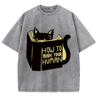 Smart Cat Reading Print T-Shirt Men Summer Vintage Water Wash