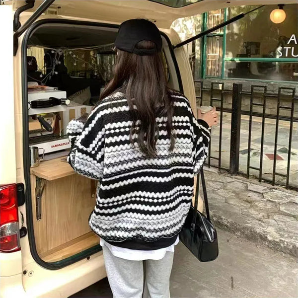 Womens Striped Knit Sweater Oversized Round Neck Pullover