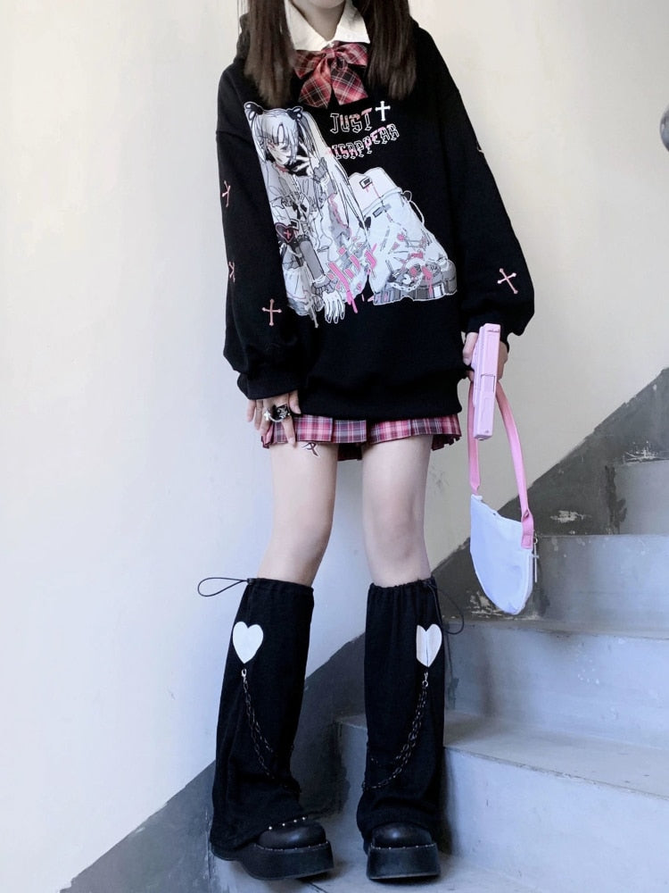 Harajuku Anime Hoodies Women Goth Streetwear Cartoon Print Y2k