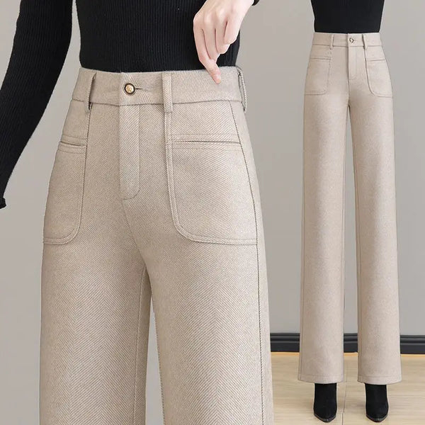 Womens Wool Blend Wide Leg Pants High Waist Straight Fall Trousers