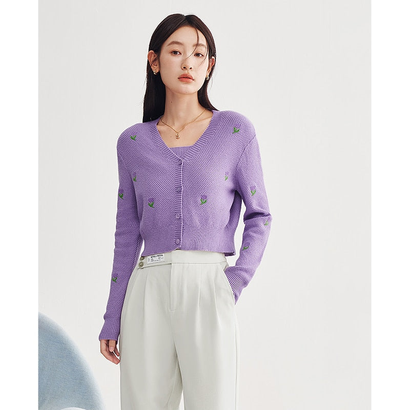 Sweaters Women Knit Cardigan Spring Long Sleeves V Neck Loose Floral Embroidery Purple - xinnzy