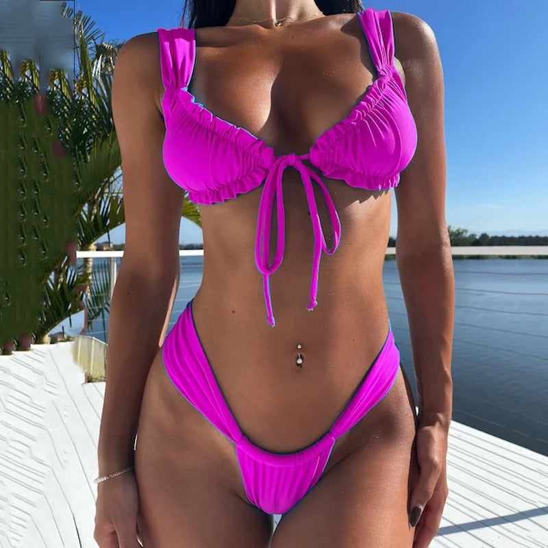 Swimsuit Sexy Bikini Two Piece Lace Up Pleated High Waist