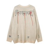 Hip Hop Ripped Sweater Grunge Knitted Skulll Skeleton Streetwear 2024 Men Harajuku