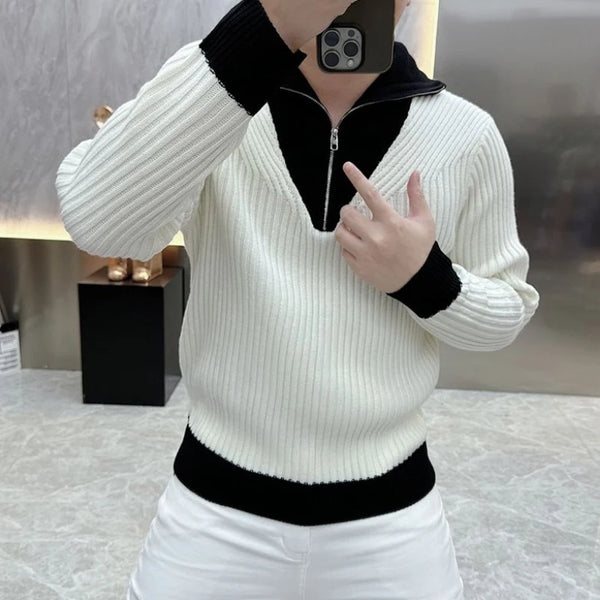 Men Color Block Quarter Zip Sweater Slim Fit Business Polo Pullover