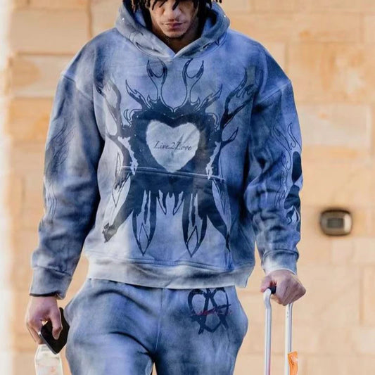 Men Retro Tie-Dye Love Print Fleece Hoodie