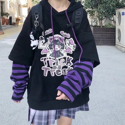 Gefälschte zweiteilige gestreifte Patchwork-Hoodies-Kleidung für Teenager Y2K Anime Harajuku