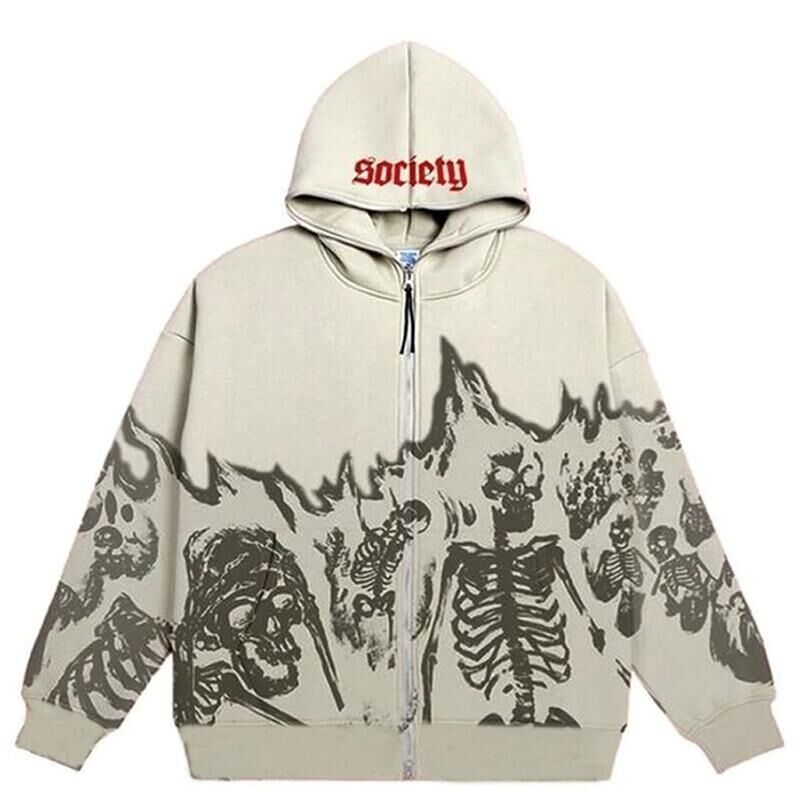 Retro Skeleton Zipper Hoodie Men's Street Wear Style with Y2K Print