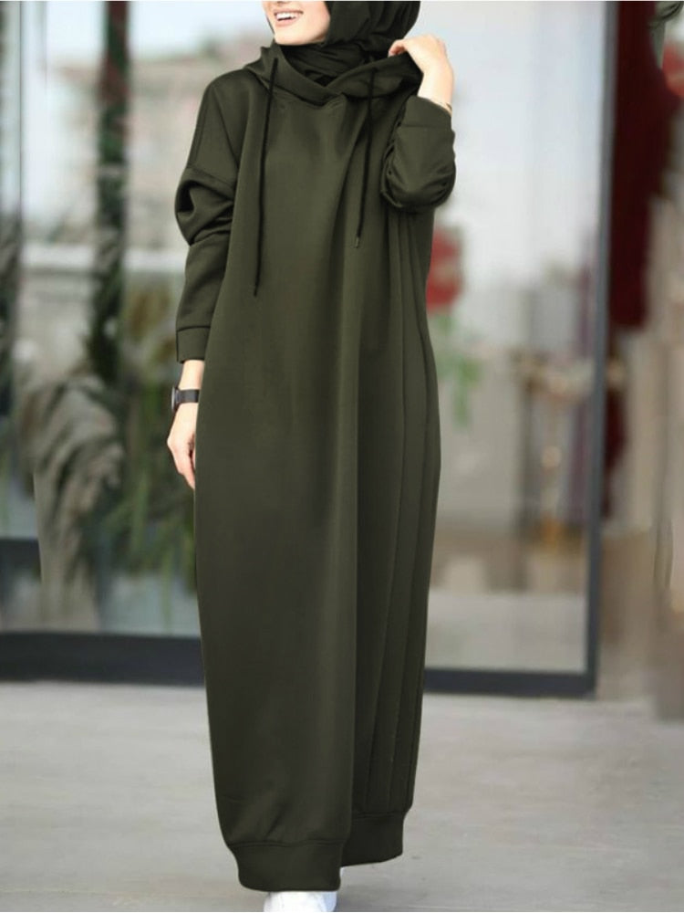 Muslim Dress Sweatshirt Stylish Hoodies Long Sleeve Maxi Dress Casual Solid Hooded