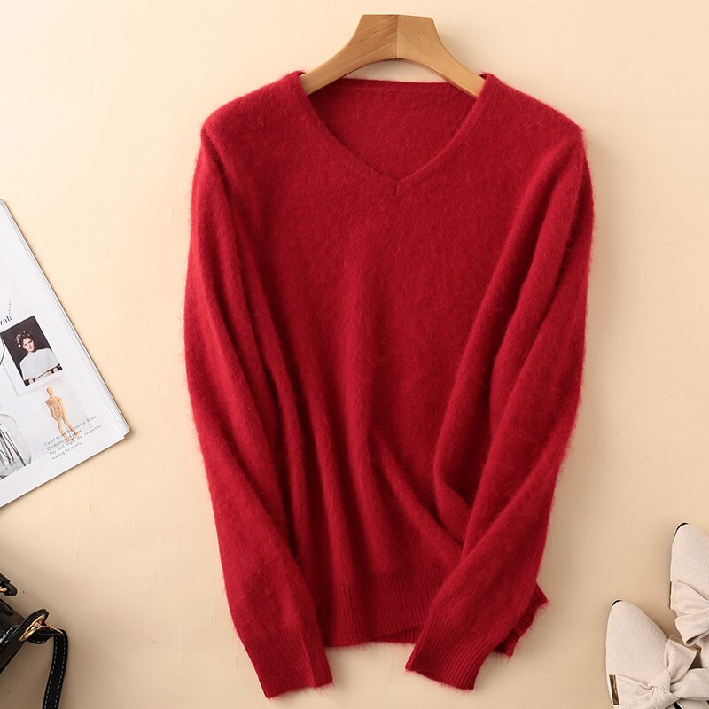 Sweater woman V-Neck Knitted Pullover Mink Cashmere Jumper Female  Soft Super Warm Sweater - xinnzy