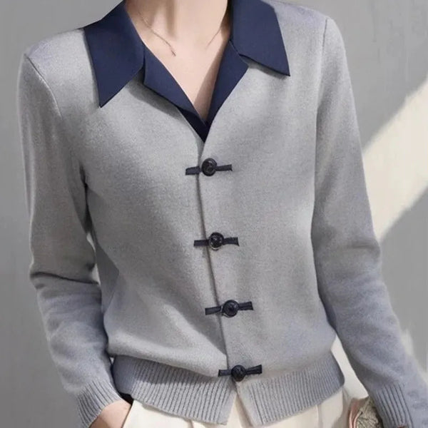 Womens Collared Cardigan Sweater Jacket Colorblock Knit Fall Coat