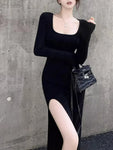 Black Side Slit Bodycon Dress Long Sleeve Outfit