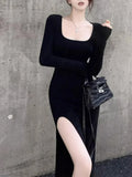 Black Side Slit Bodycon Dress Long Sleeve Outfit