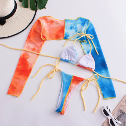 Bikini Set Tie Dye Bedruckter Badeanzug Damen Sexy mit langärmeligen Oberteilen