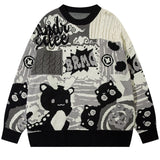 Cartoon Dragon Print Patchwork Sweater Loose Pullover Winter Streetwear