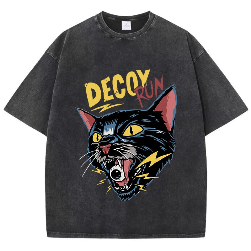 Vintage Horror Cat Print T-Shirt Men Washed Loose Summer Streetwear