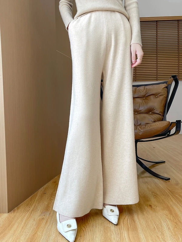 Womens Merino Wool Pants Flared Knit Trousers Elastic Waist Office