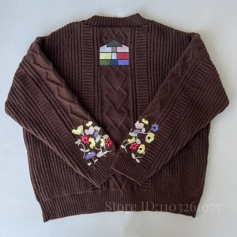 Cardigan for Women Flower Embroidered Knitted Sweater Y2k Girl Vintage