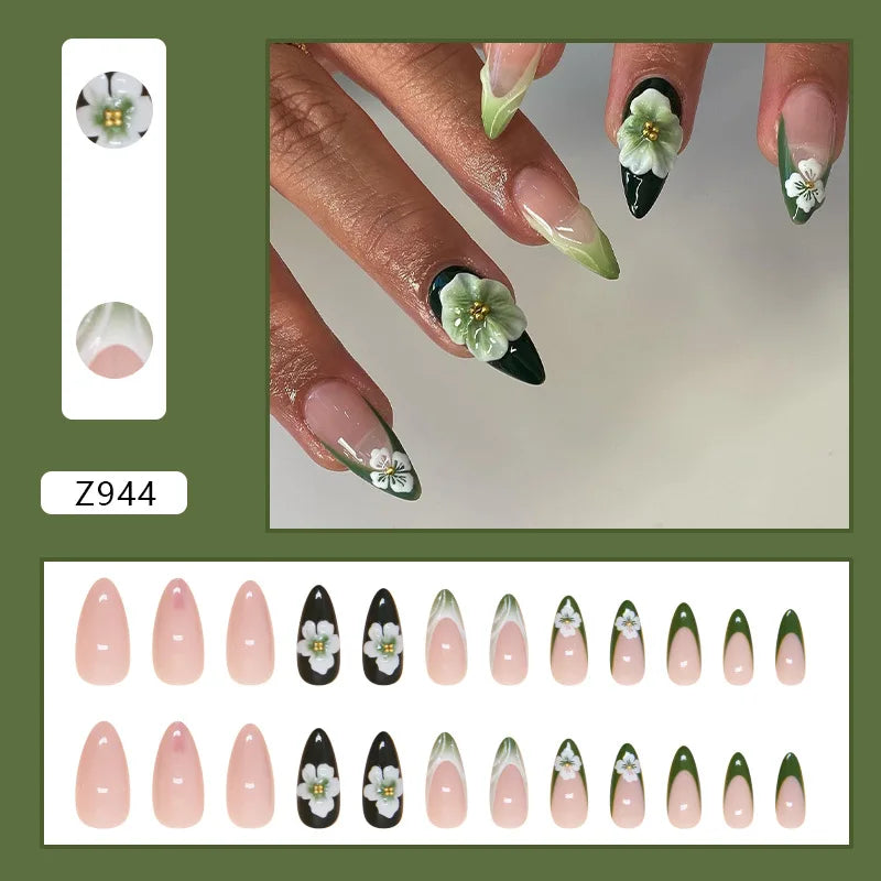 24pcs White Flower Fake Nail Tips Ins Yellow Pink Blush False Nails