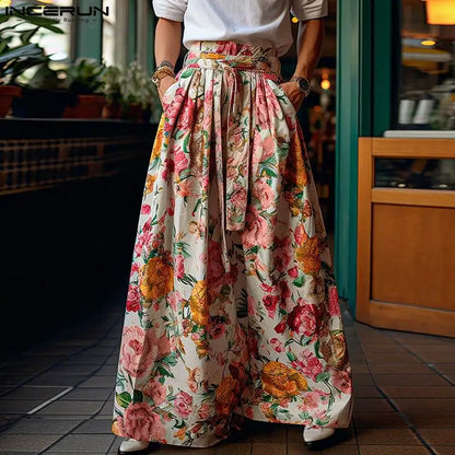 Men's Floral Wide Leg High Waist Streetwear Pants S-5XL
