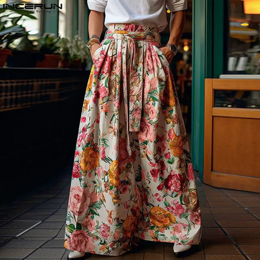 Men's Floral Wide Leg High Waist Streetwear Pants S-5XL