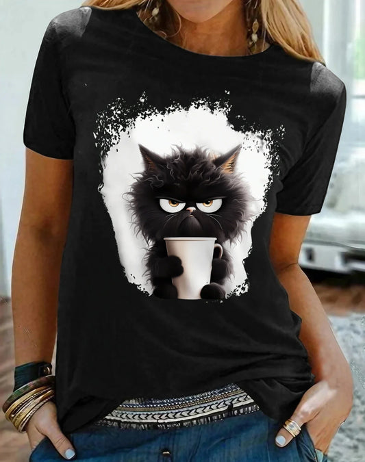 Funny Cat Print T-Shirt Women Summer Casual Short Sleeve Round Neck