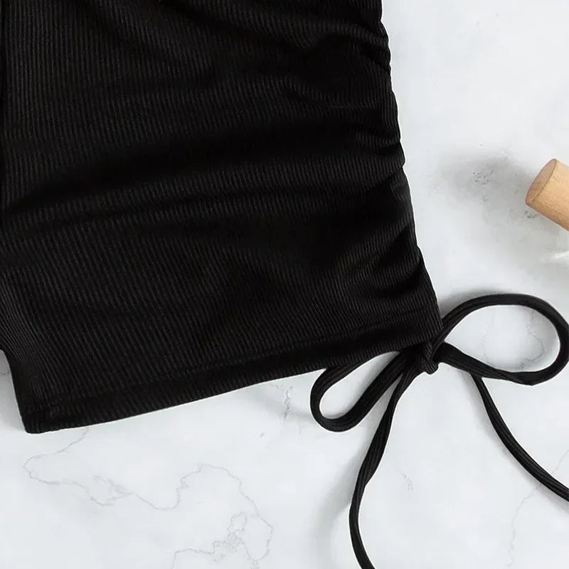 Crop Top Shorts Bottom Swimsuits Women Black Drawstring Swimwear Ribbed