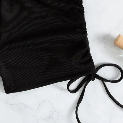 Crop Top Shorts Bottom Swimsuits Women Black Drawstring Swimwear Ribbed
