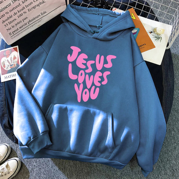 Jesus Loves You Letter Funny Prints Hoodies Women Fleece Pocket