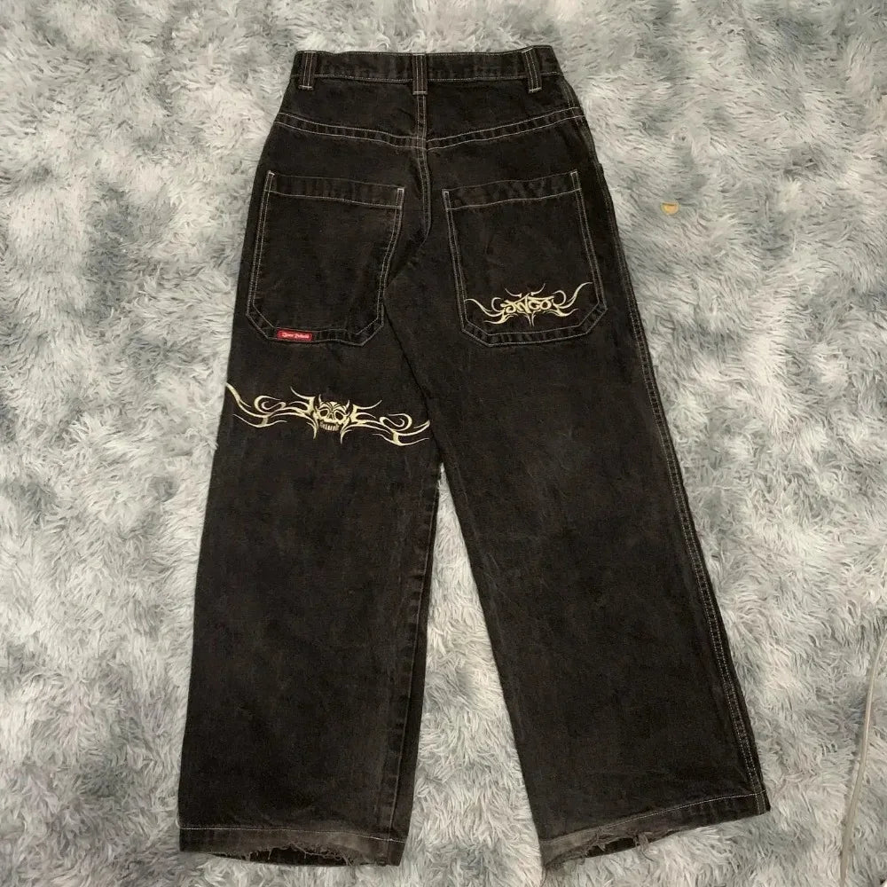 Y2K Hip Hop Retro Graphic Baggy Jeans Black Pants