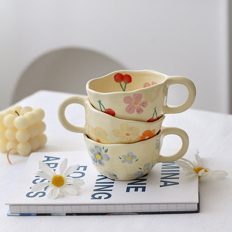 Keramikbecher, Kaffeetassen, unregelmäßige Blumen im koreanischen Stil