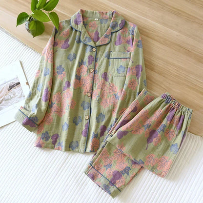 2025 Japanese Spring Autumn Women's Cotton Pajama Set Long Sleeve Pants