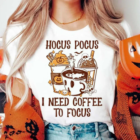 Hocus Pocus Ich brauche Kaffee, um mich zu konzentrieren, Cartoon-Druck, lustiges Muster, Halloween, O-Ausschnitt, Mode