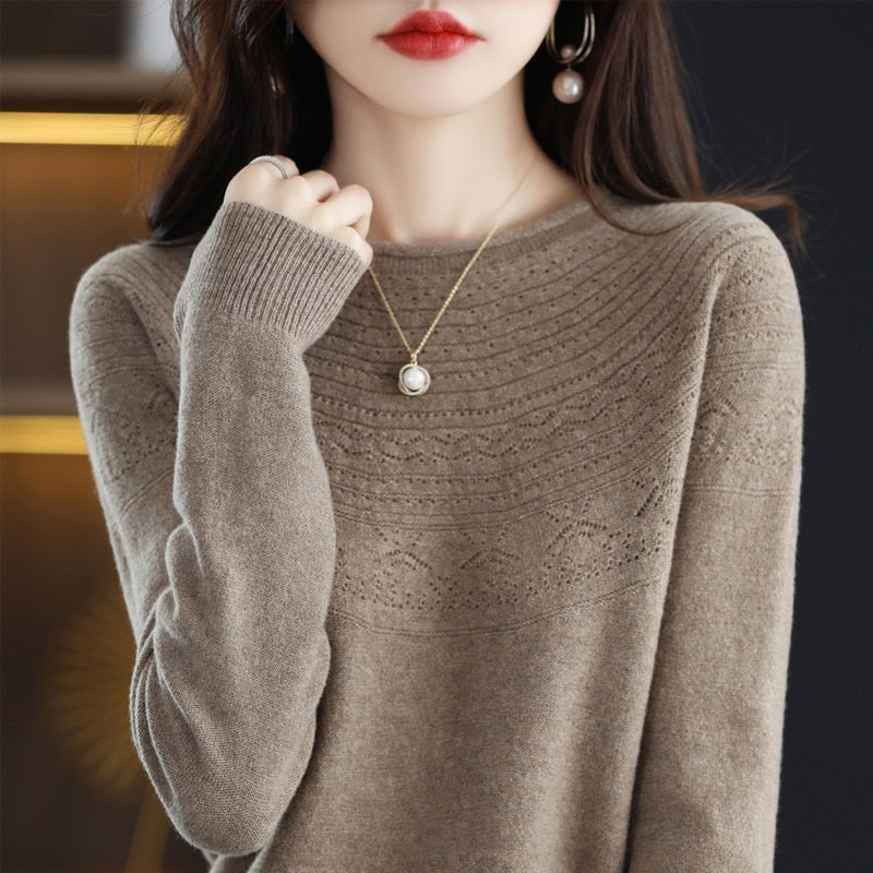 Autumn Winter New Seamless One-Line Pullover WooL Round S Neck UpperBody Hollow - xinnzy