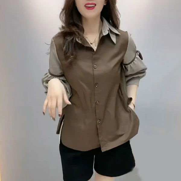 Lace Up Bow Blouse Women Colorblock Button Shirt Long Sleeve Top