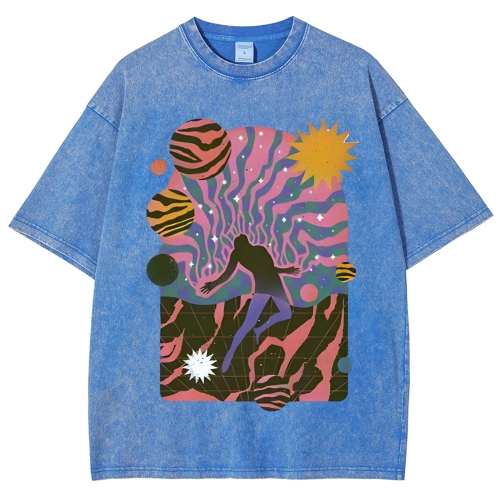 High-Quality Cartoon Abstract Print Men's T-shirt Water Wash Vintage Casual