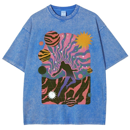 High-Quality Cartoon Abstract Print Men's T-shirt Water Wash Vintage Casual