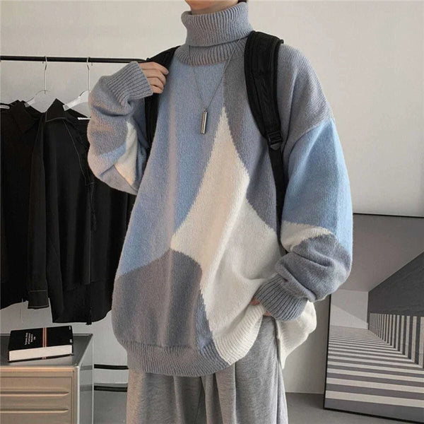 Mens Harajuku Patchwork Turtleneck Oversized Knit Sweater Streetwear