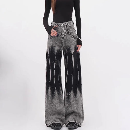 Women's Gradient Gray Wide Leg Jeans High Waisted Loose Streetwear Denim