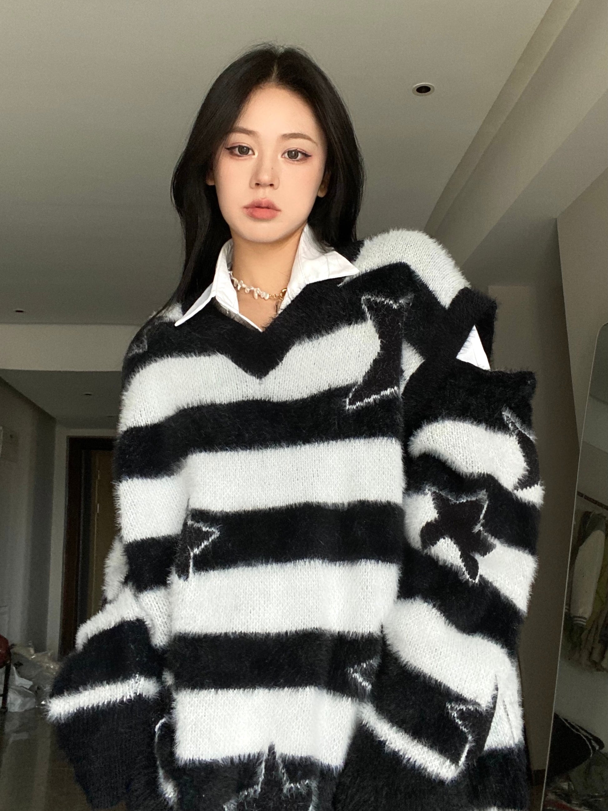 Punk Gothic  Furry Knitted Sweaters Y2K Streetwear Loose Hollow Out Detachable Pullovers Harajuku - xinnzy