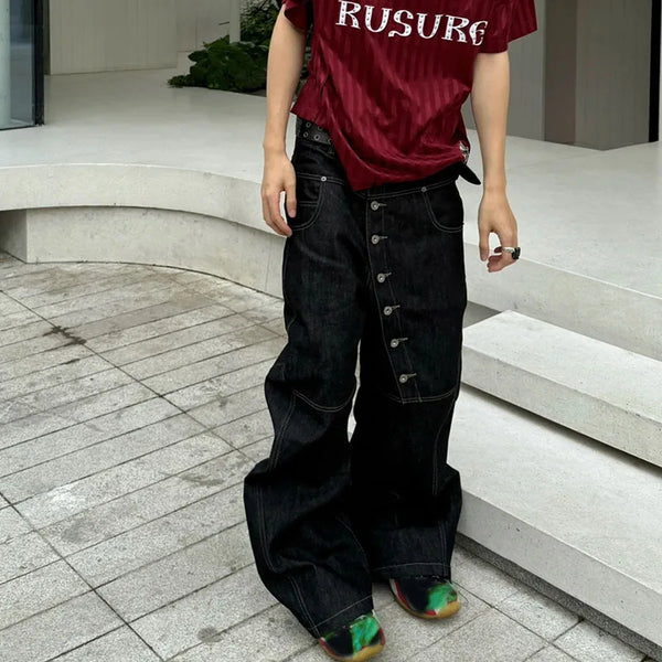 Mens Buckle Detail Curved Leg Jeans Black Wide Fit Hip Hop Pants