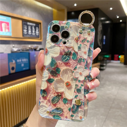 Oil Painting Flower Wirst Strap Holder Phone Case For iPhone Protection Cover