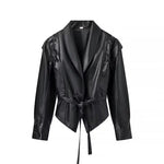 Women’s Streetwear Belt Button Faux Leather Moto Jacket