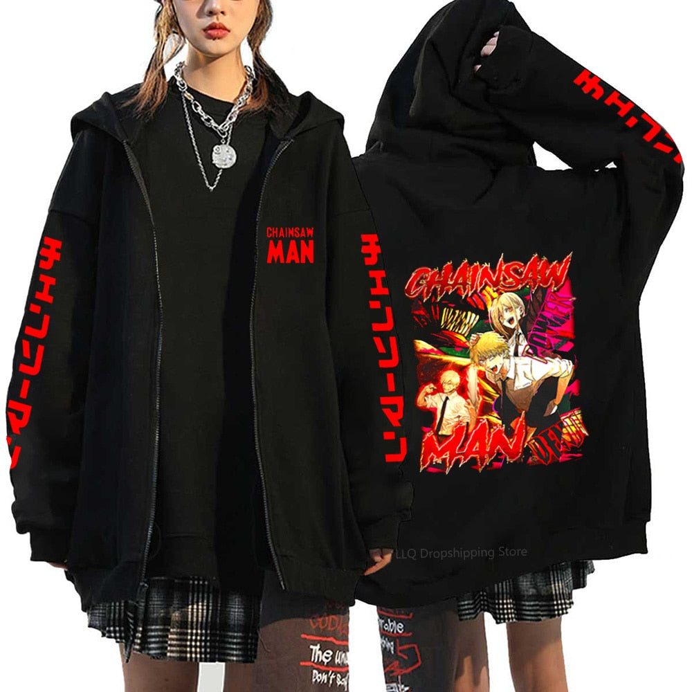 Anime Chainsaw Denji Hoodies Makima Zipper Streetwear Fleece