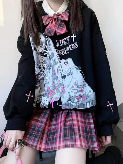 Harajuku Anime Hoodies Women Goth Streetwear Cartoon Print Y2k